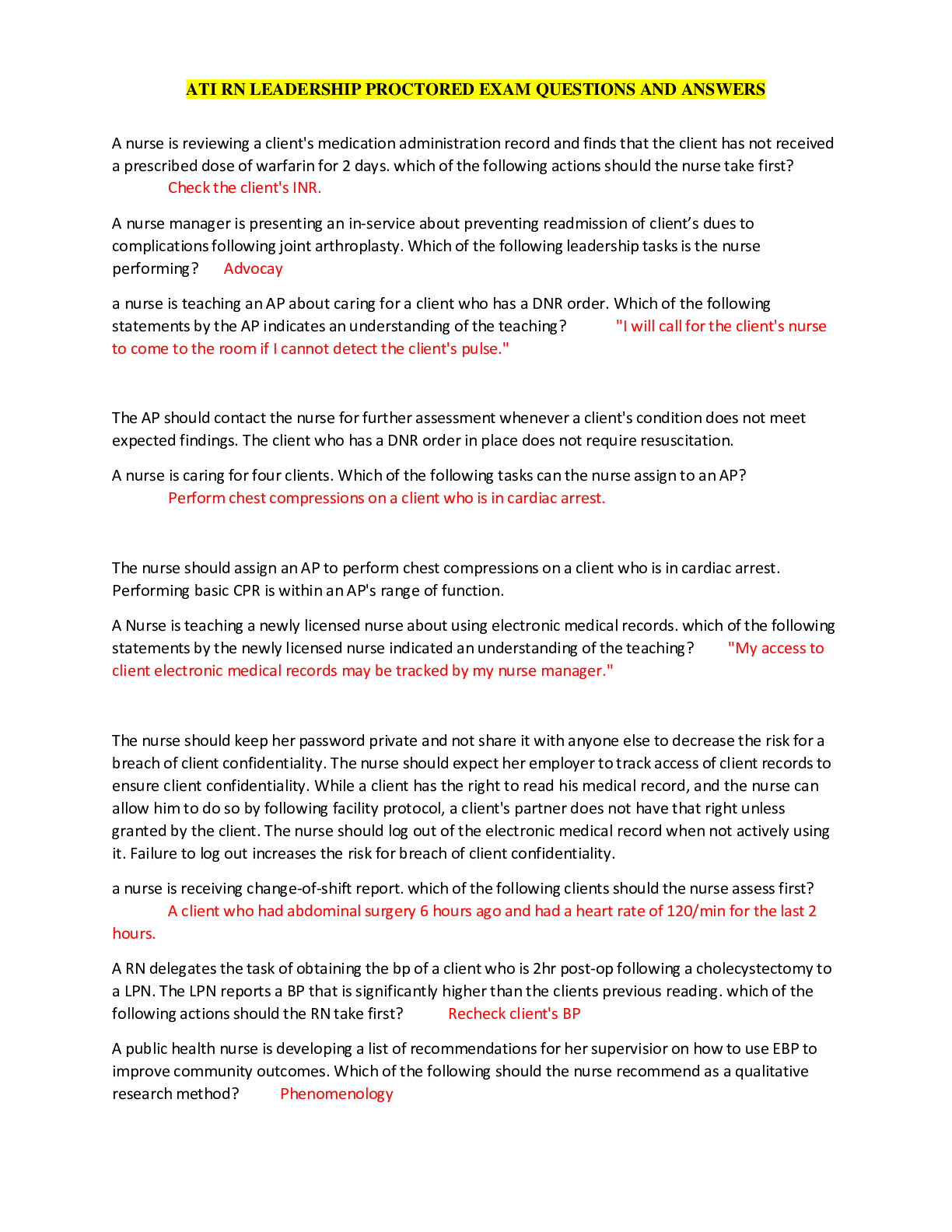 Preview image for ATI RN LEADERSHIP PROCTORED EXAM 2019 VERSION 1 GUIDE